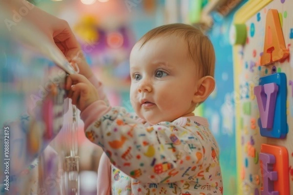 Fototapeta Curious Baby Engaged in Playful Exploration in Colorful Learning Environment Surrounded by Interactive Toys and Bright Decorations
