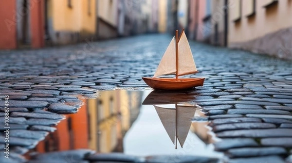 Fototapeta A small wooden ship with sails, reflected in puddles on the cobblestone road, in the style of miniature model photography