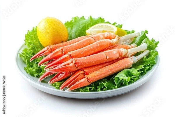 Fototapeta Crab sticks with lettuce leaves and lemon on plate isolated on white