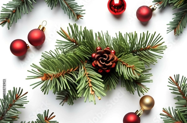 Fototapeta christmas fir tree decoration top view isolated on white