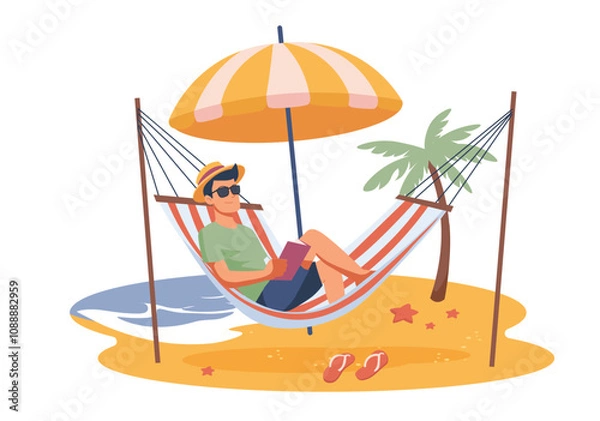 Fototapeta A man in sunglasses enjoys reading a book while lounging in a hammock under an umbrella near the beach. Vector illustration