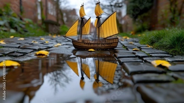 Fototapeta A small wooden ship with sails, reflected in puddles on the cobblestone road, in the style of miniature model photography