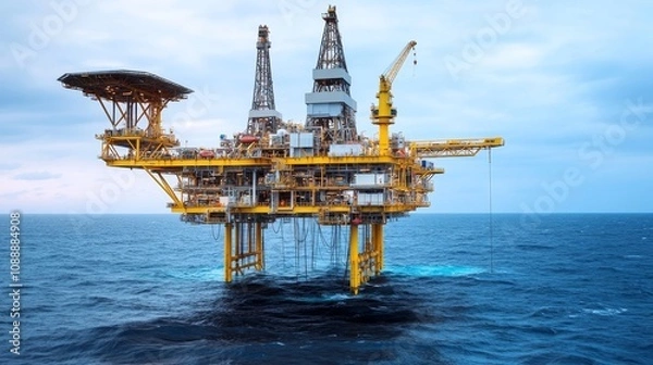 Fototapeta An offshore oil rig stands prominently in the ocean, showcasing industrial energy extraction.