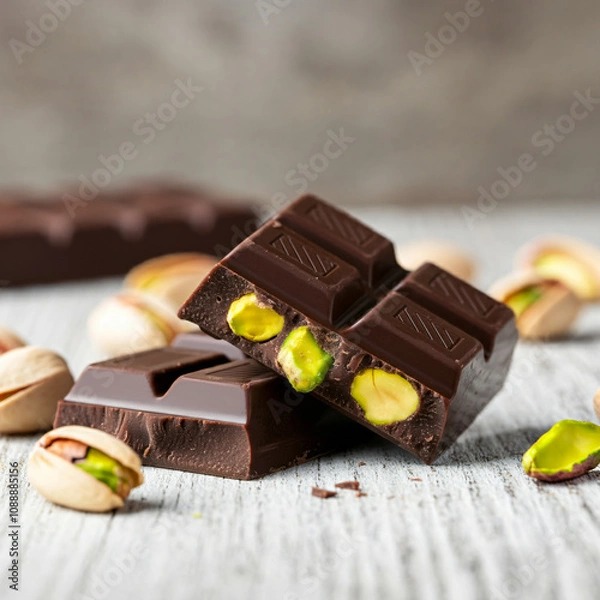 Fototapeta Dark chocolate pieces with pistachios embedded inside on a wooden surface surrounded by whole pistachios.