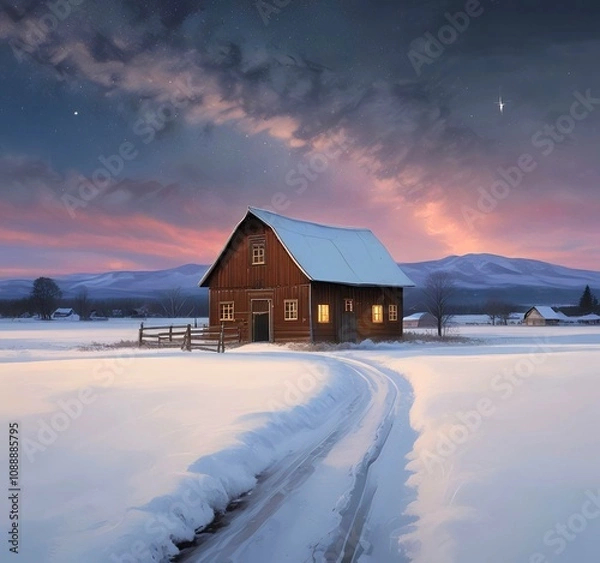 Fototapeta Illustration of barn with winter landscape and mountain behind.