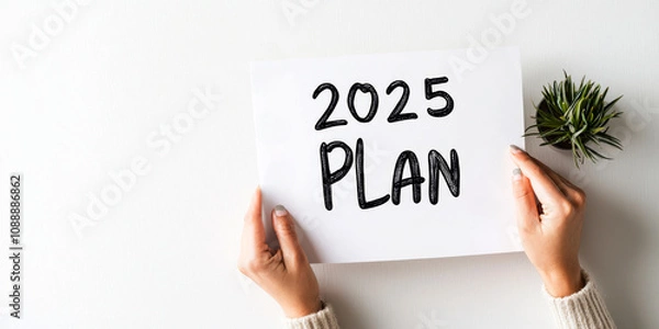 Fototapeta New year plan 2025 and resolutions concept. A person holds a sign that reads "2025 PLAN," suggesting a focus on future goals and strategic planning.