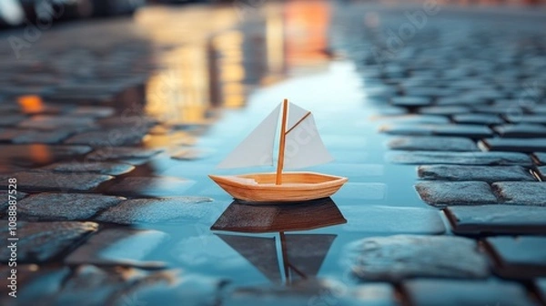 Fototapeta A small wooden ship with sails, reflected in puddles on the cobblestone road, in the style of miniature model photography