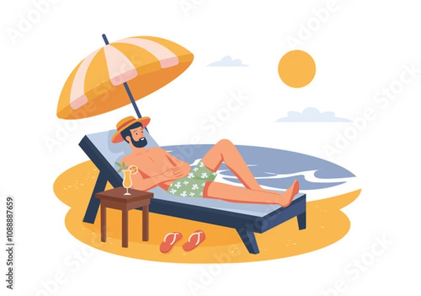 Fototapeta A man is lounging on a beach chair under an umbrella enjoying a drink by the sea. Vector illustration