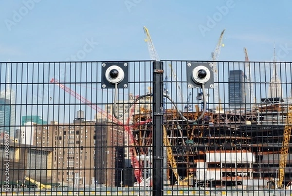 Obraz cctv security cameras on a fence around construction site in New York, USA 