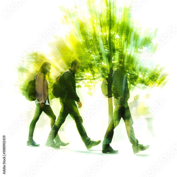 Fototapeta , people walking on green office space, motion blur effect, environment concept with a white accent, png