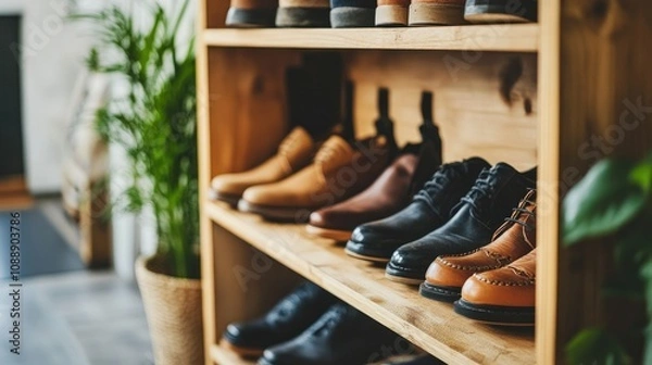 Fototapeta Wooden shoe cabinet with open shelves, showcasing neatly arranged shoes in a stylish entryway.