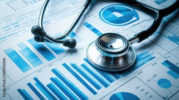Obraz Detailed Medical Data Analysis with Stethoscope and Graphs Representing Healthcare Statistics and Results on Blue Background in Clinical Setting
