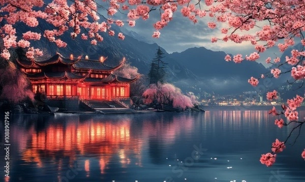 Fototapeta beautiful tibet night scene wallpaper background, in the style of gothic illustration, surrealistic elements, religious building, cherry blossoms, view of chinese temple