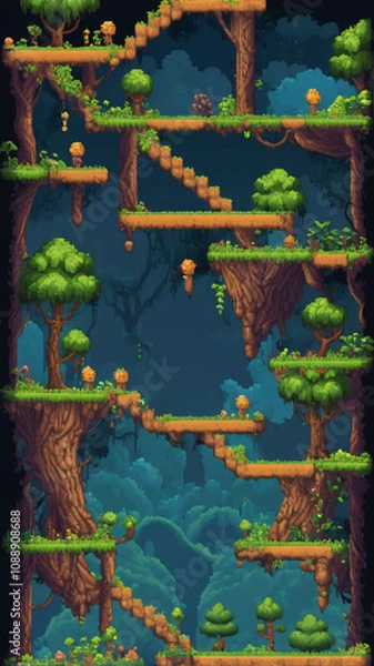 Fototapeta Pixel game level design. Platform game asset, fantasy 8 bit environtmen