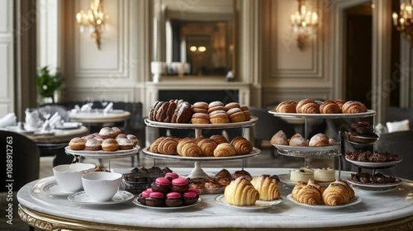 Fototapeta Elegant Display of Assorted Pastries and Desserts in Luxurious Setting with Classic Decor and Soft Lighting Perfect for Culinary or Hospitality Themes
