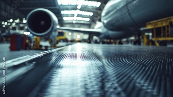 Fototapeta close up view of aircraft maintenance area, showcasing advanced composite materials and airplane in background, highlighting industrial environment