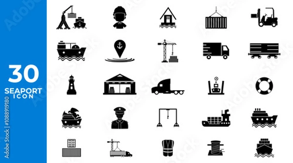 Obraz Set of 30 icons related to marine port. Seaport Linear icon collection
