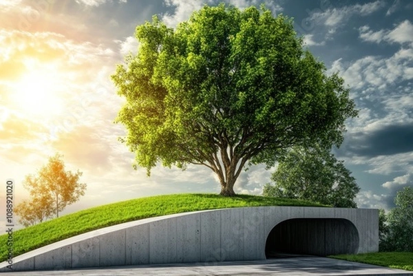 Fototapeta Green hill with tree and concrete structure in modern landscape. Environmental and architectural concept.
