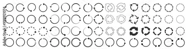 Fototapeta A set of circle arrows, including round reload, repeat icons, rotating arrows, spinning loading symbols, and refresh icons. Vector illustration.