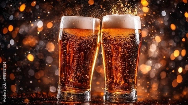 Fototapeta 45-degree topview Isolated on background two beer glasses clinking with a golden liquid splash erupting from their rims on a deep amber background with side empty space for text Stockphoto style