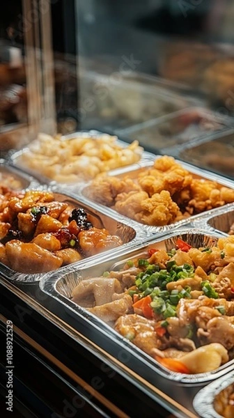 Fototapeta Close-up of Steaming Chicken Stir Fry in Takeout Containers