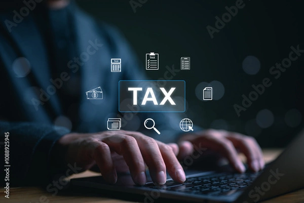 Fototapeta E-tax, Businessman show TAX for Individual income tax return form online for tax payment concept. Government, state taxes.Data analysis, paperwork, financial research, report Calculation tax return