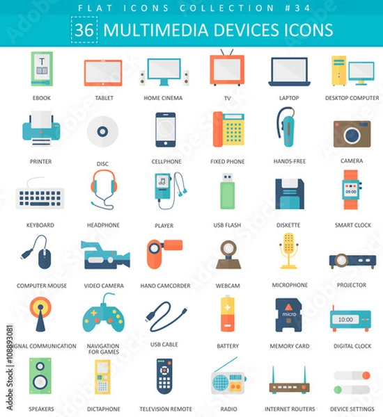 Fototapeta Vector Multimedia devices flat icon set. Elegant style design.