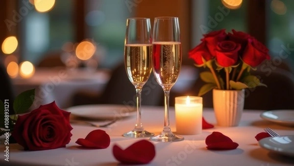 Fototapeta close-up glasses of champagne in a restaurant on a table with roses and candle, blurred background