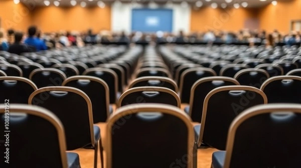 Fototapeta Rows of empty chairs in a large conference hall, awaiting attendees.