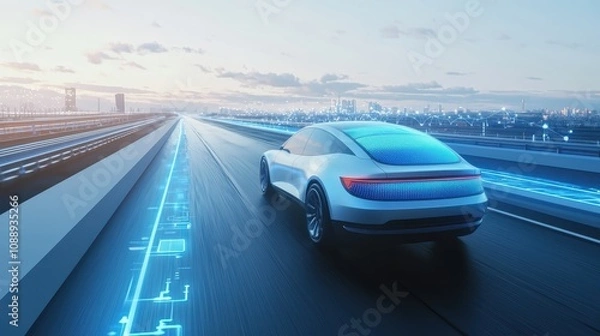 Fototapeta A futuristic car drives on a glowing highway, showcasing advanced technology against a scenic backdrop of a cityscape at dusk.