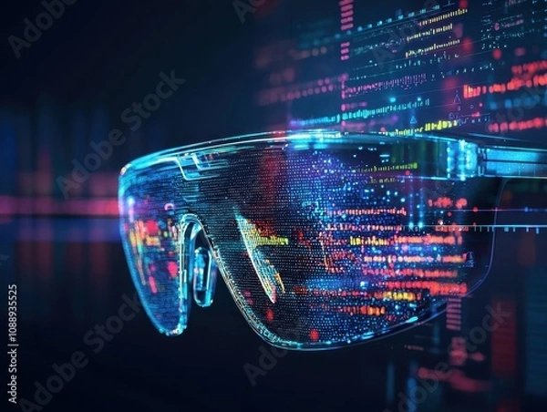 Fototapeta Futuristic smart glasses display vibrant data streams, symbolizing the intersection of technology and vision in modern innovation.