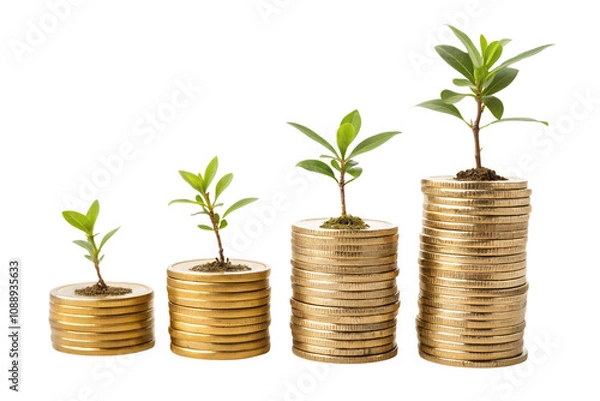 Fototapeta Gold coins stacked progressively taller, each adorned with a growing green plant, representing investment growth, sustainability, and eco-friendly wealth accumulation, On a transparent background