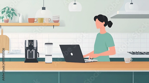 Fototapeta Remote employee standing while working on a laptop on a kitchen counter coffee maker in the background