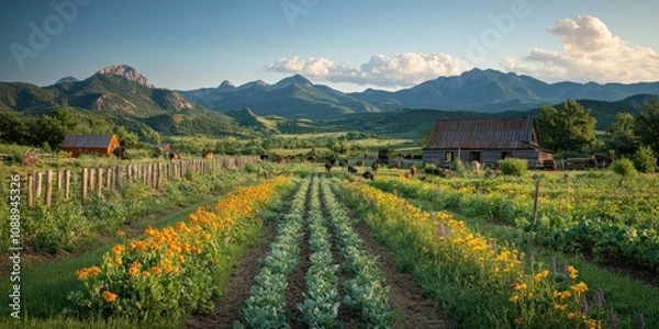 Fototapeta Serene sunset view of a farm with vibrant flower gardens, rustic barn, and cattle, set against a majestic mountain backdrop.