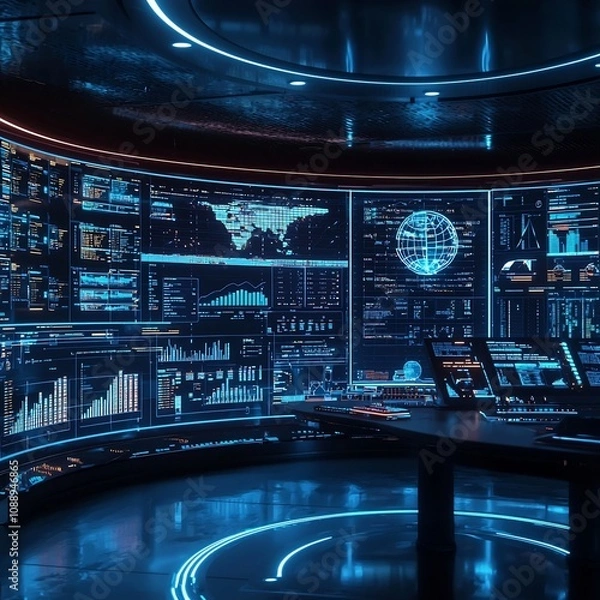 Fototapeta Futuristic Control Room with Holographic Data Streams Visualizing Real Time Business Analytics and Market Trends