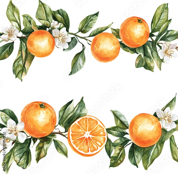 Fototapeta vector watercolor oranges with flowers border set on white, perfect for invitation card design, orange botanical Wedding Invitation, floral invite thank you, modern card Design in oranges and flowers