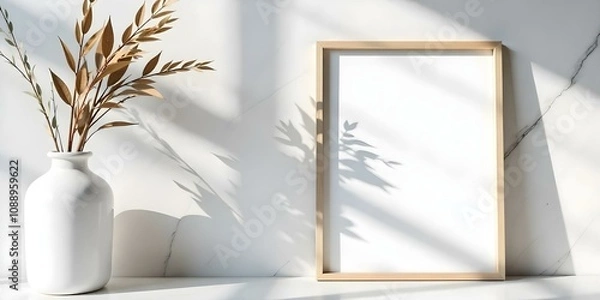 Fototapeta A wooden frame on a white marble surface with shadows of plants casting patterns on the wall