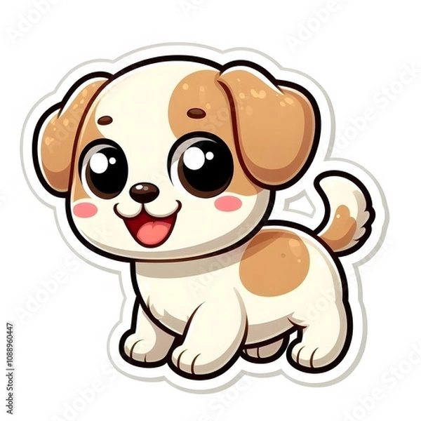 Fototapeta AI Generate of Sticker Puppy or Baby Dog in cartoon style with a happy expression, isolated in white background