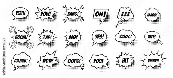Fototapeta Collection of black and white comic speech bubbles with text isolated on a white background. Vector flat illustration.
