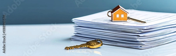 Obraz A stack of documents with house keys and a house icon, symbolizing real estate transactions and home ownership.