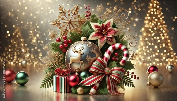 Fototapeta Christmas card decorated with candy canes, bows, ribbons, reindeer balls, snowflakes, and gift boxes in front of a pine tree decorated with yellow lights