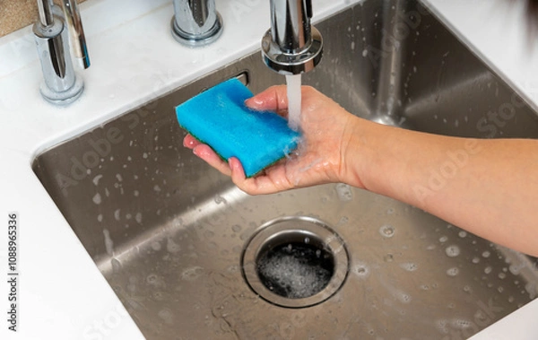 Fototapeta A close-up of a blue sponge being washed under running water in a stainless steel kitchen sink, ensuring cleanliness and hygiene.