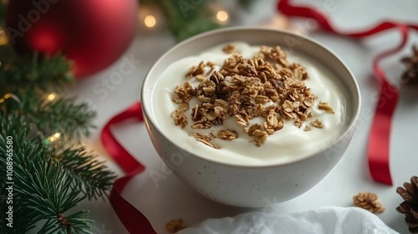 Fototapeta Ceramic bowl yogurt granola and nuts, plain table christmas tree ornament lights red ribbon cinnamon stick, clean minimalist cozy winter breakfast Christmas atmosphere
