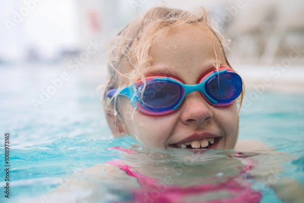 Fototapeta Girl wearing colorful goggles smiling in a swimming pool on a sunny day