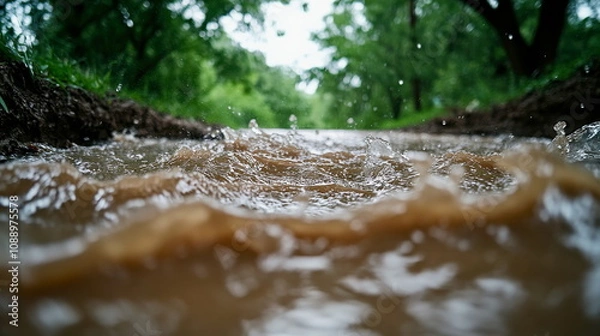 Obraz Flash flood on a dirt road, muddy waters rushing through a rural area, showing the intensity of sudden rain
