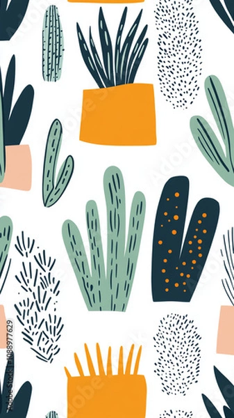 Fototapeta Vibrant green plants and cacti create lively, whimsical pattern on white background