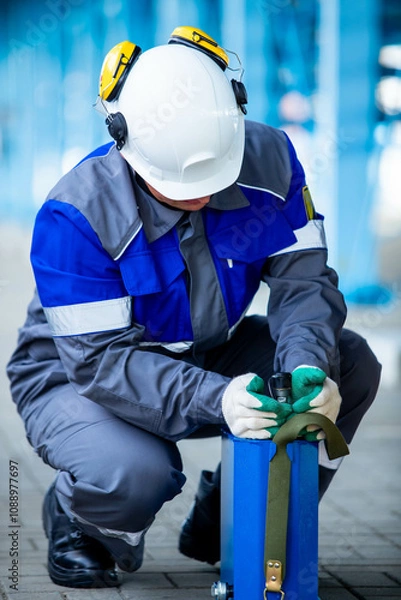 Obraz На фотографии работник в синем костюме и белой каске на голове работает руками на заводе или большом предприятии опустив голову на низ