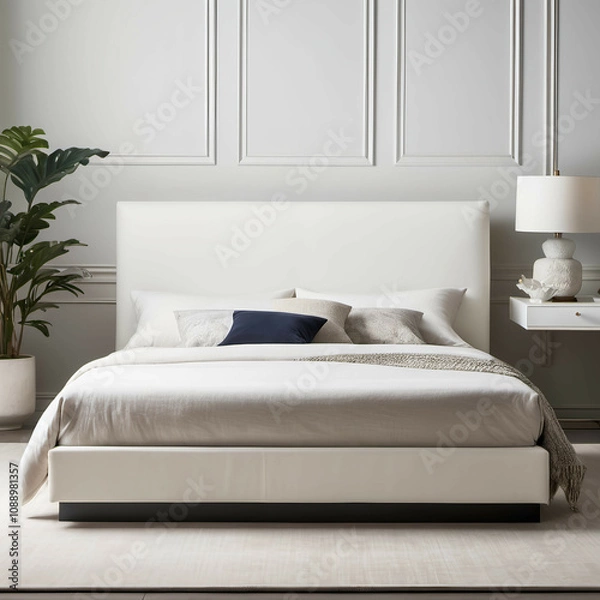 Obraz A low-profile bed with a white upholstered headboard and platform base.