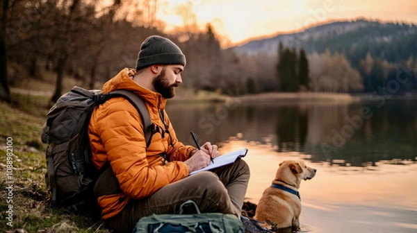 Obraz Man sitting by a lake with a journal, writing in nature, peaceful digital detox scene