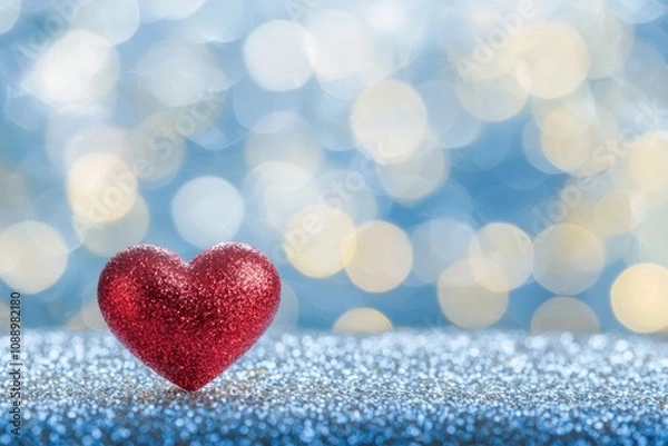 Obraz One red heart on a glittering background with bokeh lights, a romantic Valentine's Day background, a love concept. 